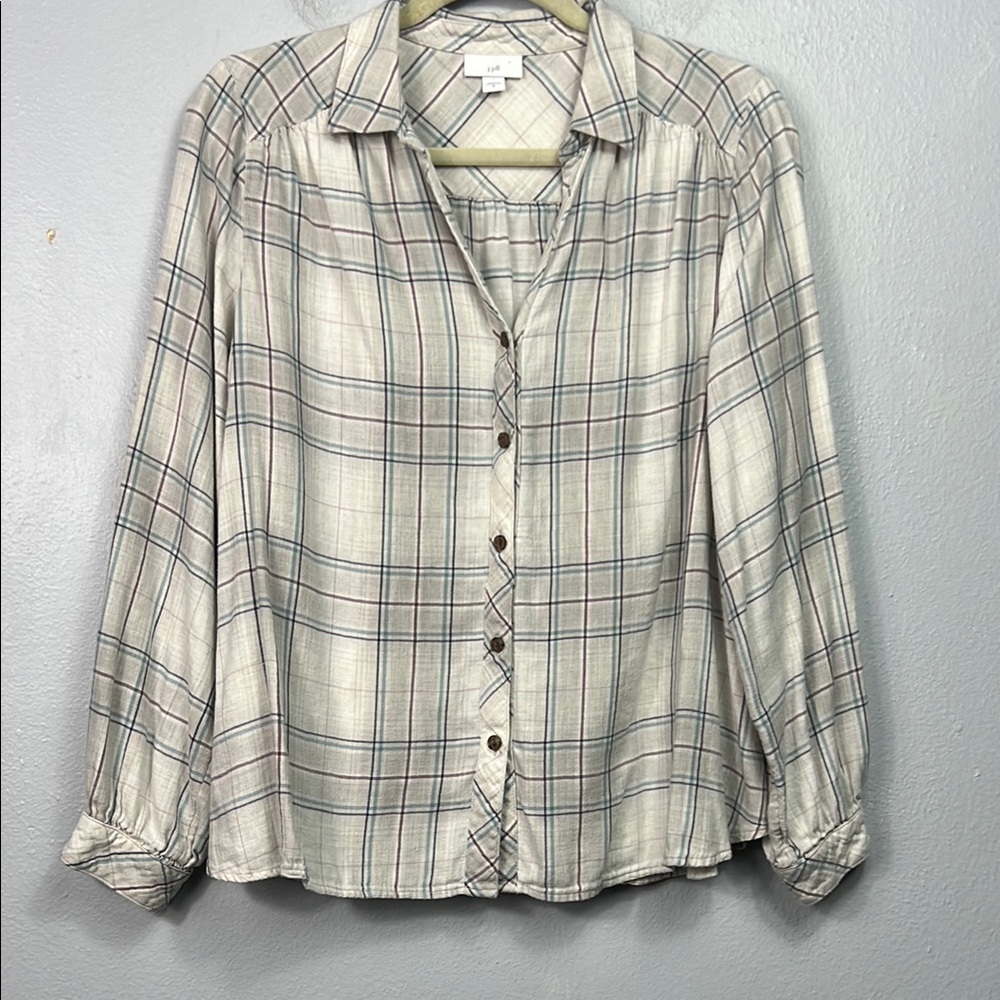 J. Jill Tan Cream Plaid Long Sleeve Button Front V-Neck Blouse Medium